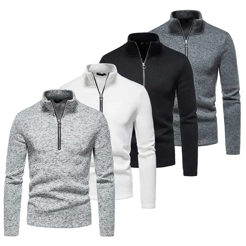 Polo pour hommes en tricot à manches longues printemps / automne solide 1/2 Zip classique décontracté hommes col demi-ouvert basique hauts hommes mode pull 211221