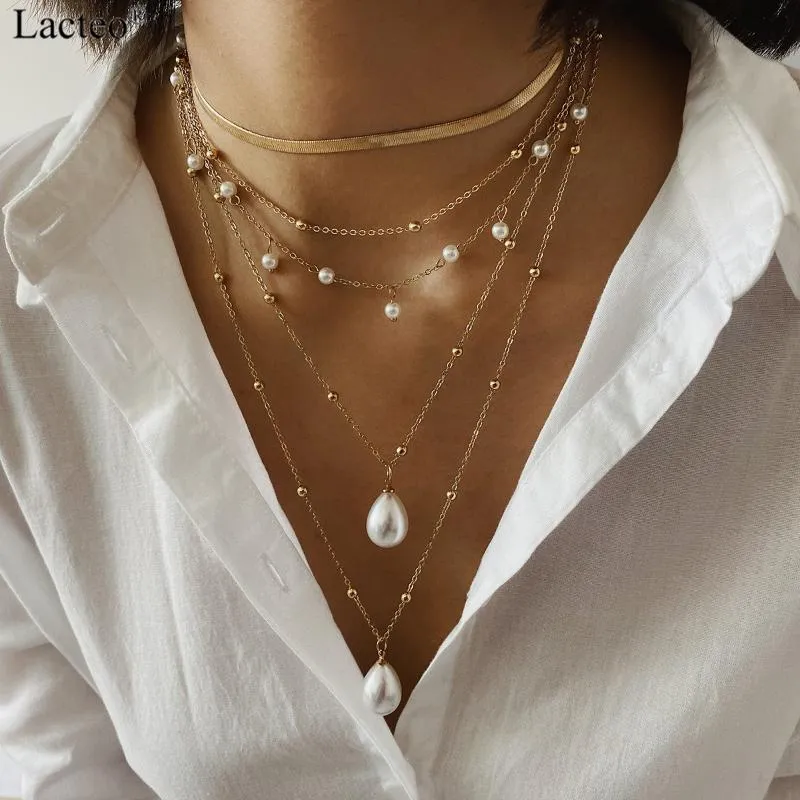 Pendant Necklaces Lacteo 2Pcs/set Bohemian Imitation Pearl Necklace For Women Fashion Multi Layered Clavicle Chain Choker Jewelry