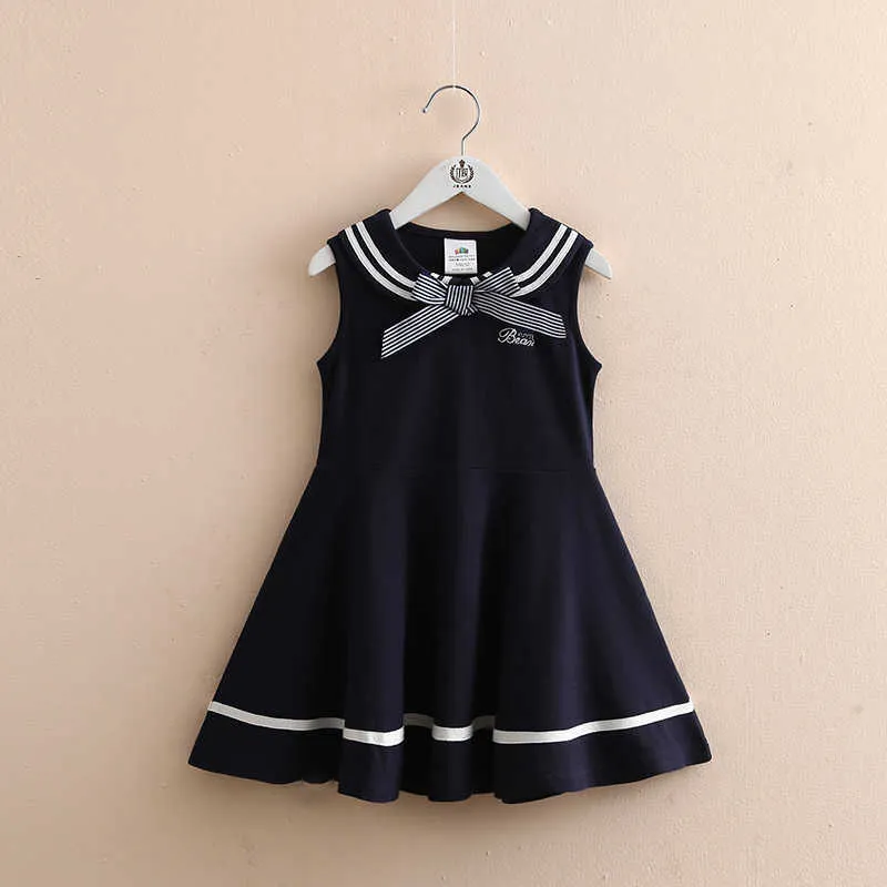 Summer Preppy Style 3 4 6 8 10 12 Years Children Sleeveless Bow Sailor Collar Navy Blue Kids Baby Girls Military Dress 210529
