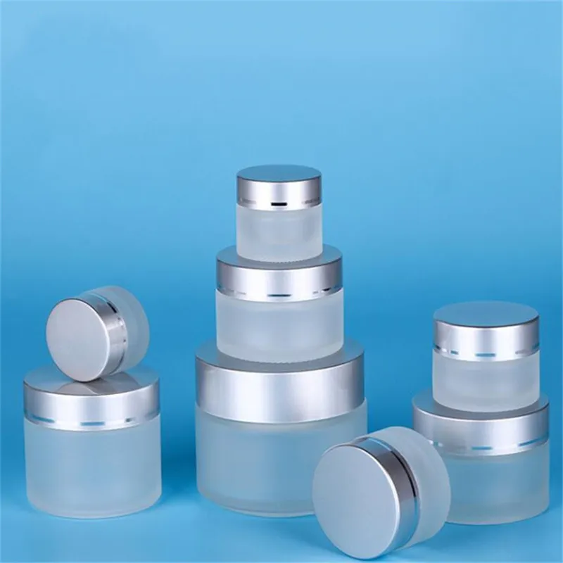 5g 10g 15g 20g 30g 50g Frosted Glass Cosmetic Jar Empty Face Cream Storage Container Refillable Sample Bottle with Silver Lids