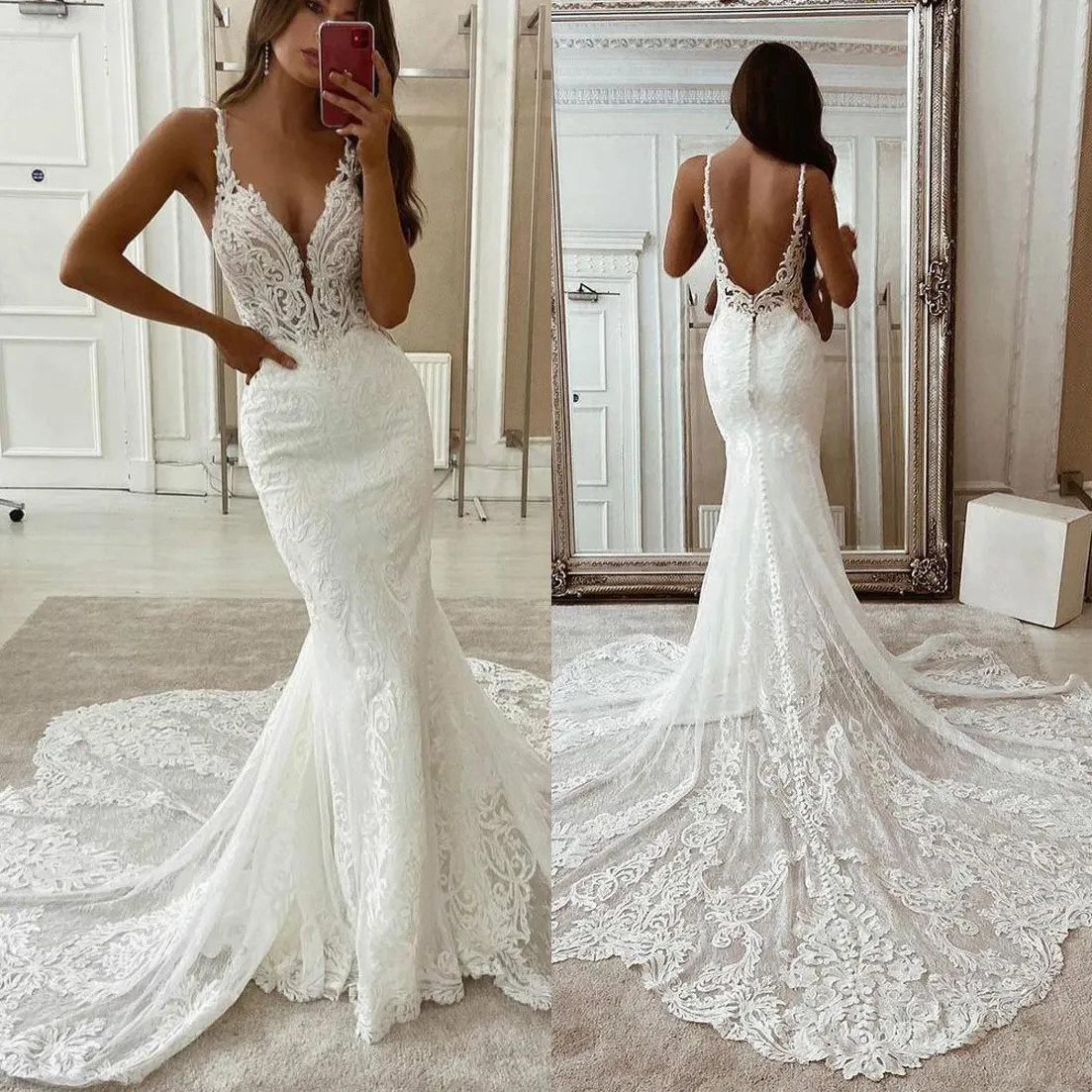 Robes de sirène en dentelle magnifique 2021 balayage train bretelles spaghetti sur mesure plongeant col en V robe de mariée de plage robes de novia estidos