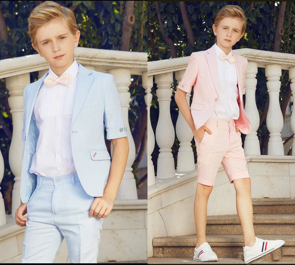 Zomer Tweedelige Jongen Formele Kleding Bruiloft Tuxedos Korte mouw Hemelsblauw Peuter Kids Boy's Suits Goedkope op maat gemaakte Brithday-feestjurken