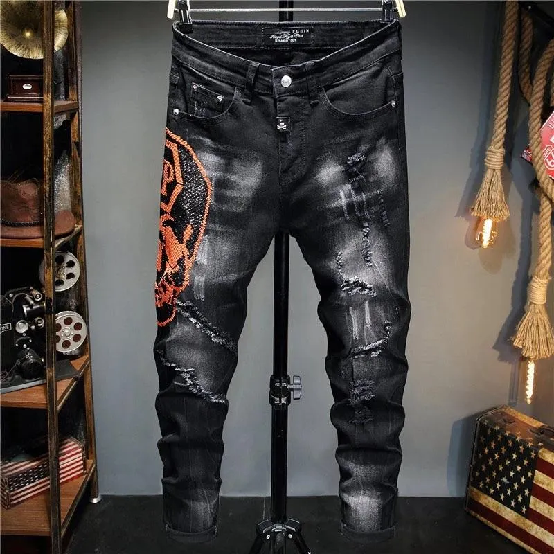 Estilo Europeu Moda Masculina Marca Jean Mens Slim Denim Calça Jeans Preto Reto Moto Biker Hole Calça Preta Masculina