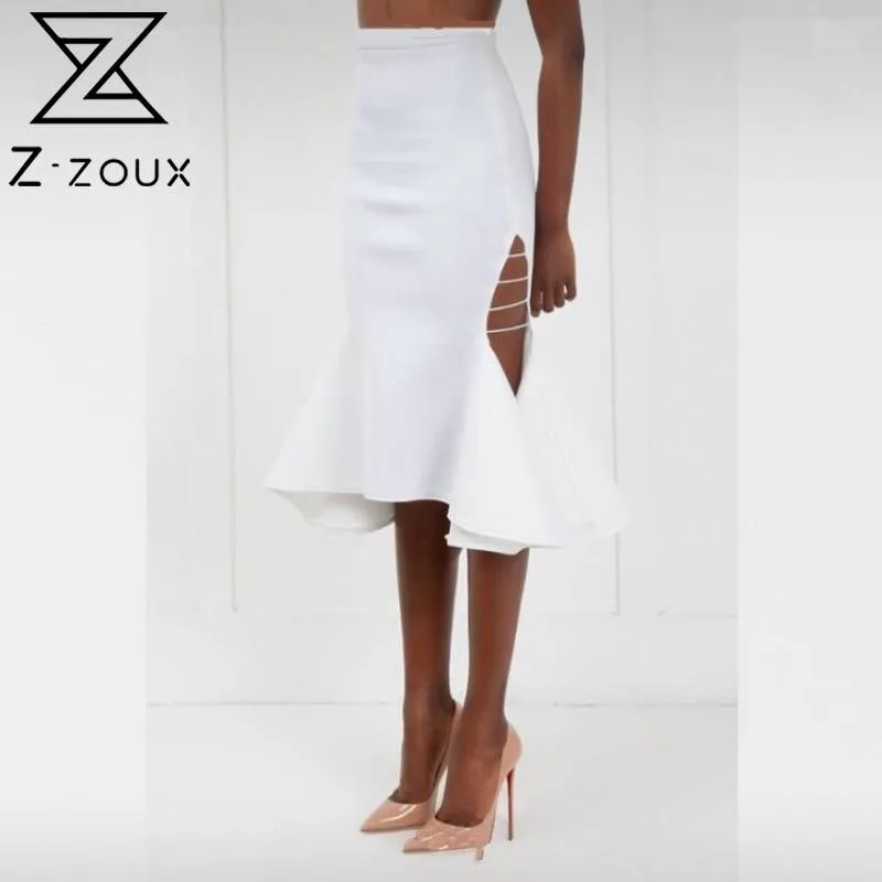 Frauen Rock aushöhlen unregelmäßige weiße hohe Taille Röcke S Asymmetrie Sexy All Match lange Mode 210524