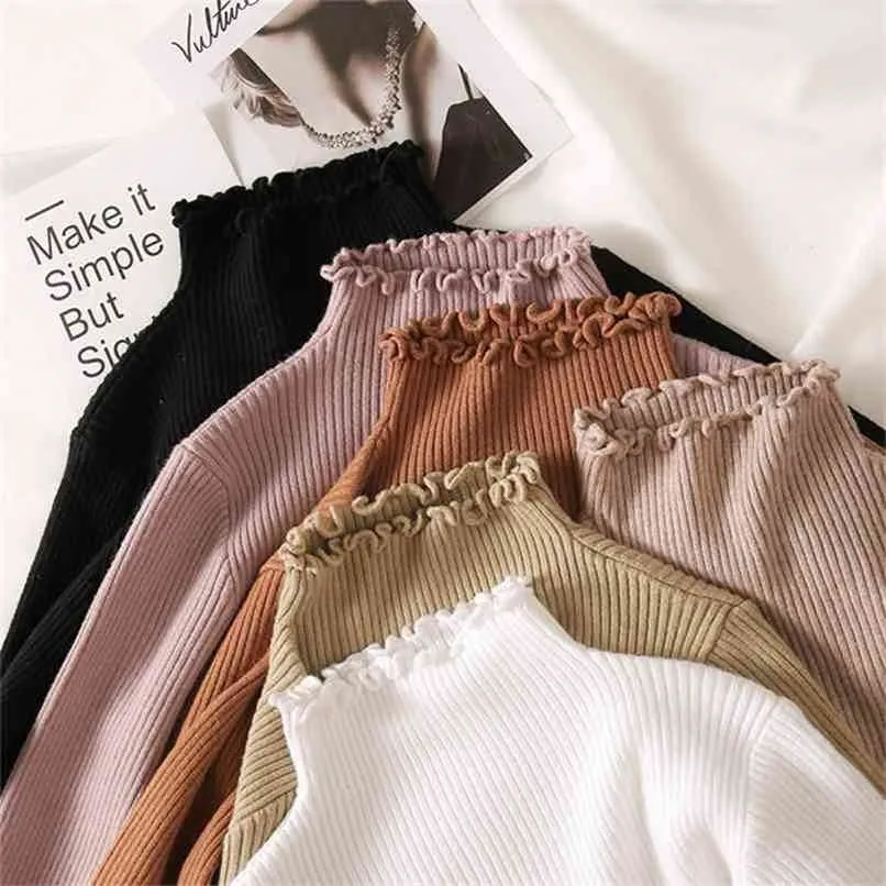 Turtleneck Ruched Women Sweater High Elastic Solid Fall Winter Fashion Slim Sexy Knitted Pullovers Pink White 210914