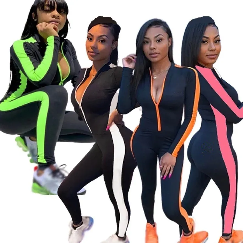 2021 Yoga Outfits Vrouwen Ele-Piece Set Sexy Stiksels Rits Jumpsuits Taille Broek Fitness Leggings Training Sports Running Leggings 4 kleuren