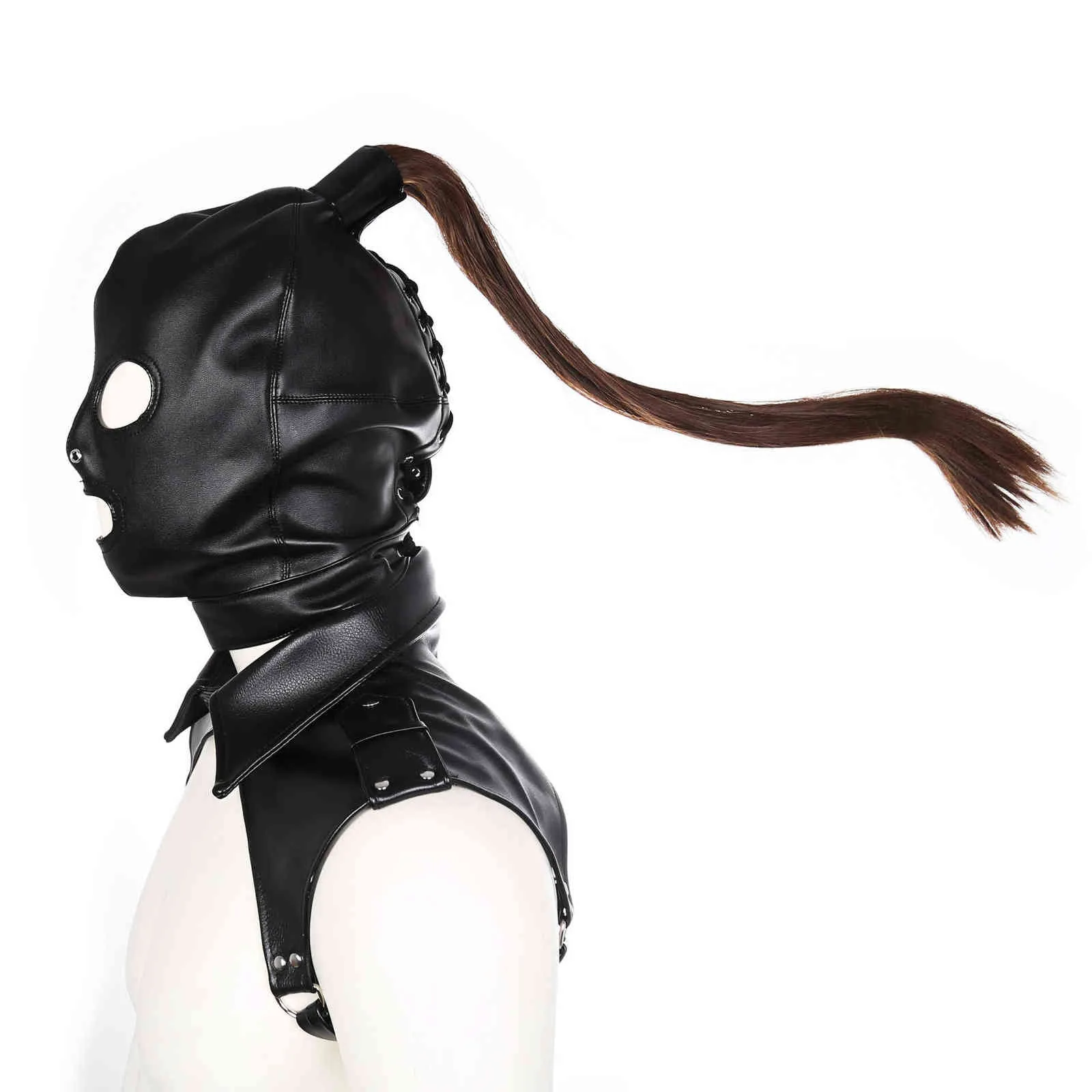 NXYCockrings Sm bondage BDSM Slave Accessories Leather Bondage Mask Hood with Hair Head Restraint Fetish Chest Belt Collar Headgear Adult Sex Toys 1126 1126 1126