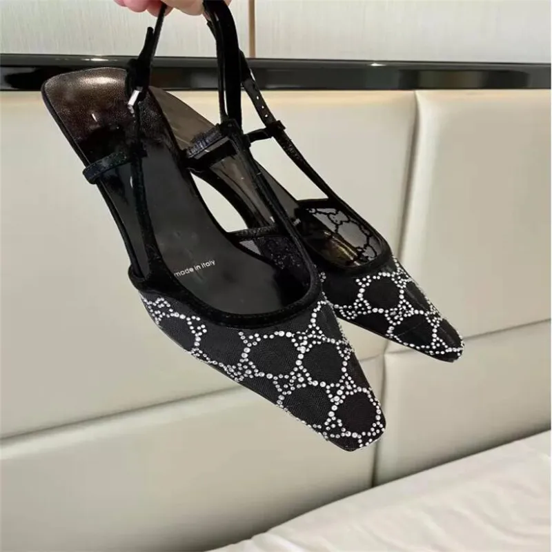 2022 LUXURY Women`s G slingback Sandals pump Aria slingback shoes are presented in Black mesh with crystals sparkling motif Back buckle closure Size 35-41