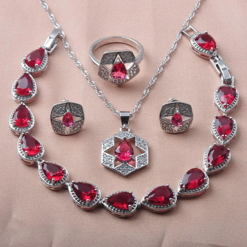 Ensemble de bijoux pour femmes, boucles d'oreilles, collier, couleur argent, ensemble de mariage, bagues en zircone rouge, Bracelet, cadeaux de fiançailles, YZ0637