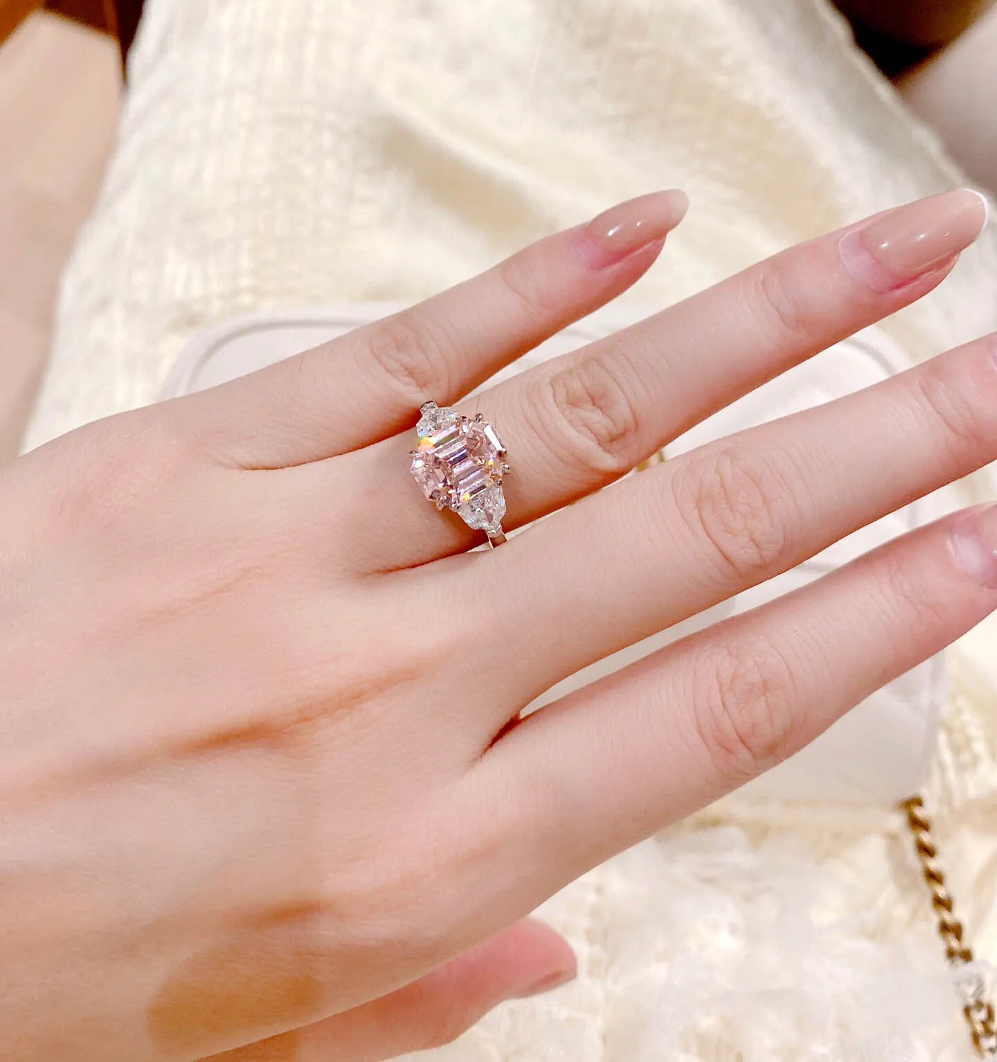 S925 Silver Punk Ring - Square Pink Diamond, Sparkly