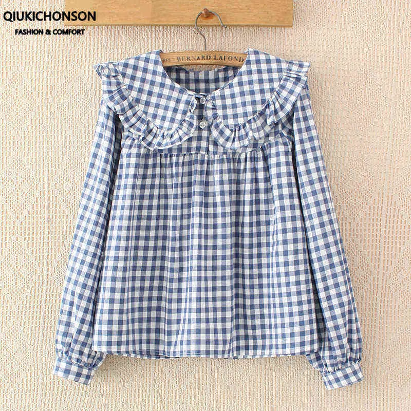 Kvinnor Plaid Shirt Långärmad Vår Sommar Toppar Dam Japansk Mori Girl Peter Pan Collar Gullig Baby Doll Bomull Vit Blusar H1230