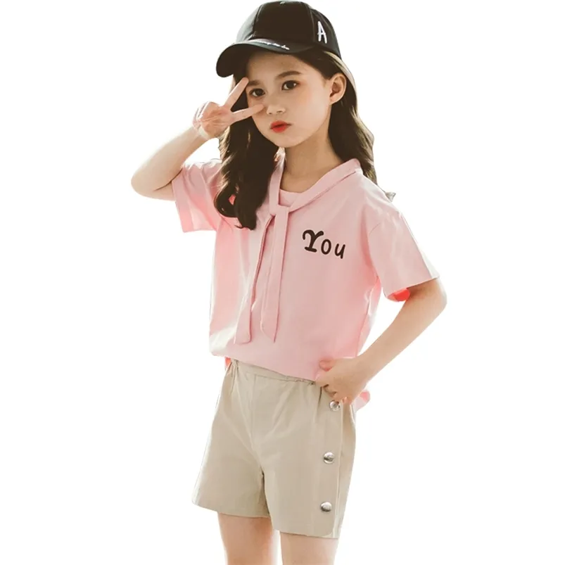 Teen Girls Clothing Letter Tshirt + Korta Tracksuits För Casual Style Girl Sommar Kids 6 8 10 12 14 210527