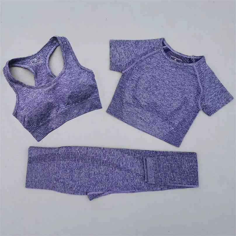 2 / 3szt Vital Seamless Yogi Zestaw Sporty Wziew Kobiety Fitness Odzież Legginsy + Sport Bra + Krótki Rękaw Crop Top Garnitury siłowni 210802