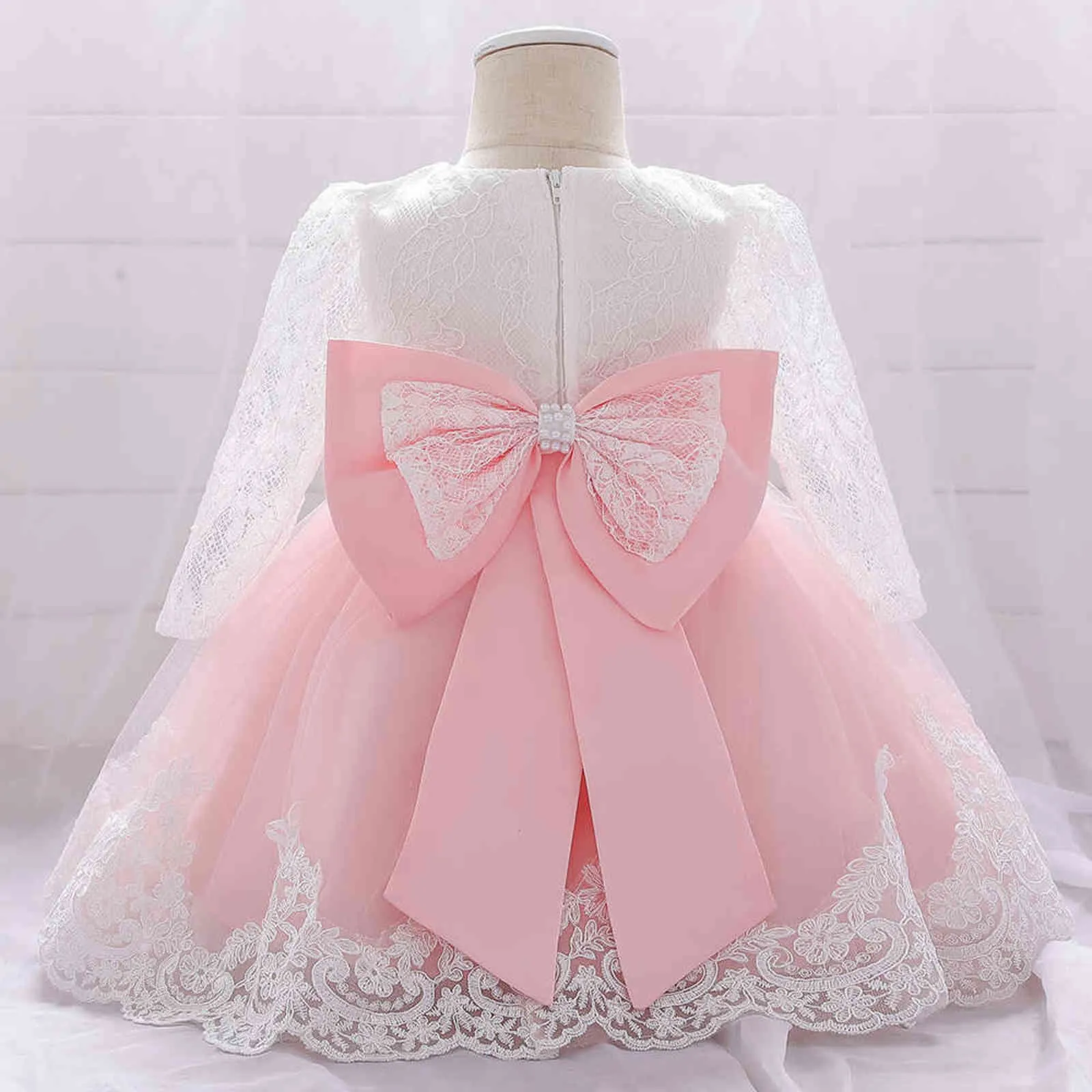 Baby Girl Dresses Party and Wedding Newborn Girl Långärmad Spets Klänningar med Big Bow Infant Girl 1st Birthday Princess Dress G1129