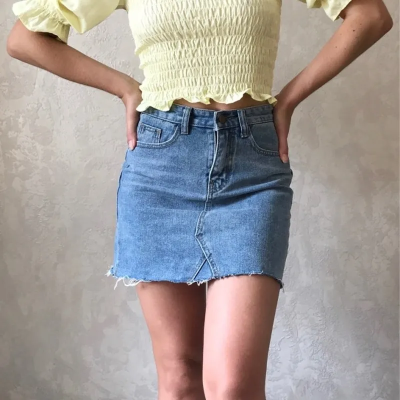 High Waisted Denim Mini Skirt With Pockets Womens Casual Button