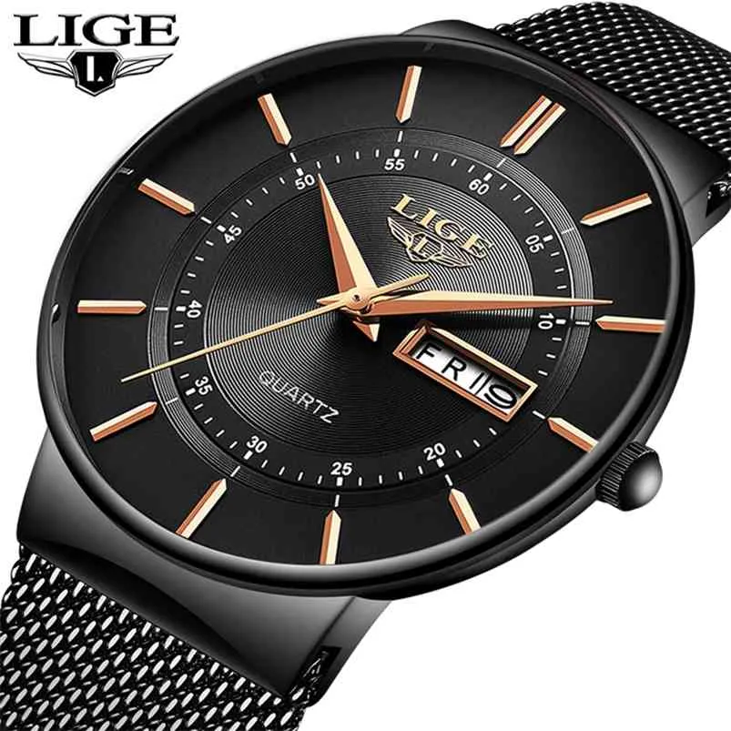 Mens Klockor Lige Toppmärke Lyx Vattentät Ultra Tunn Datum Klocka Manlig Stålband Casual Quartz Watch Män Sport Armbandsur 210804