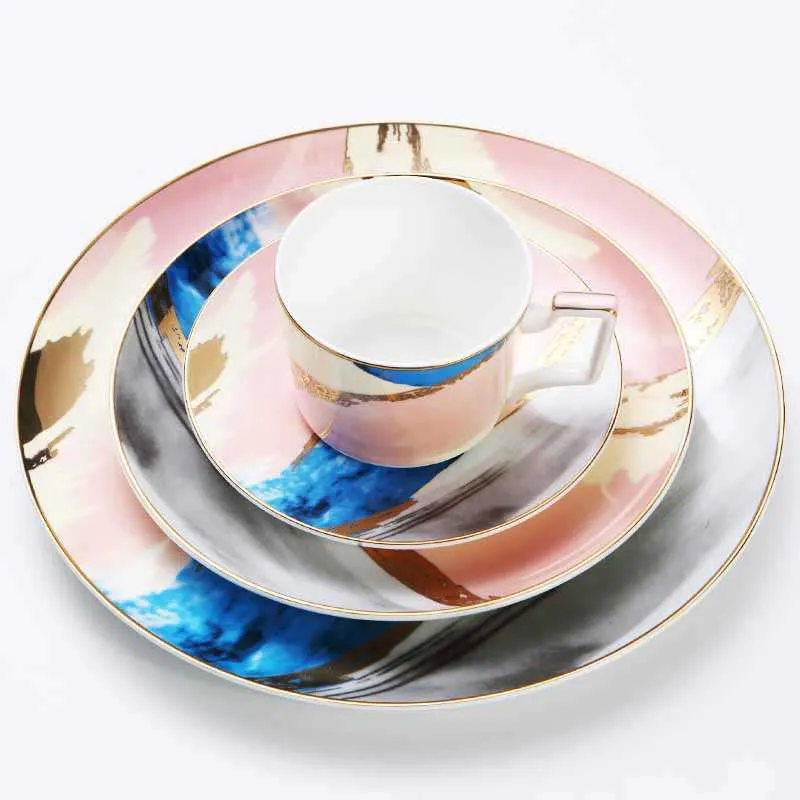 Vaisselle tasse à café et soucoupe or rose assiette griffonnage Dessert aquarelle plats vaisselle ensemble plateau plat 8/10 pouces