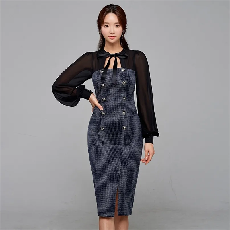 Office Chiffon Stitching Bow Dress Korea Dames Lange Mouwen Crew Neck Formele Party Jurken voor Dameskleding 210602