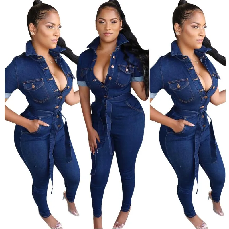 Jumpsuits för damer 2021 Höst Dam Denim Jeans Jumpsuit Helärm Sashes Bodycon Sexig Club Night One Pice Playsuit Overall Outf