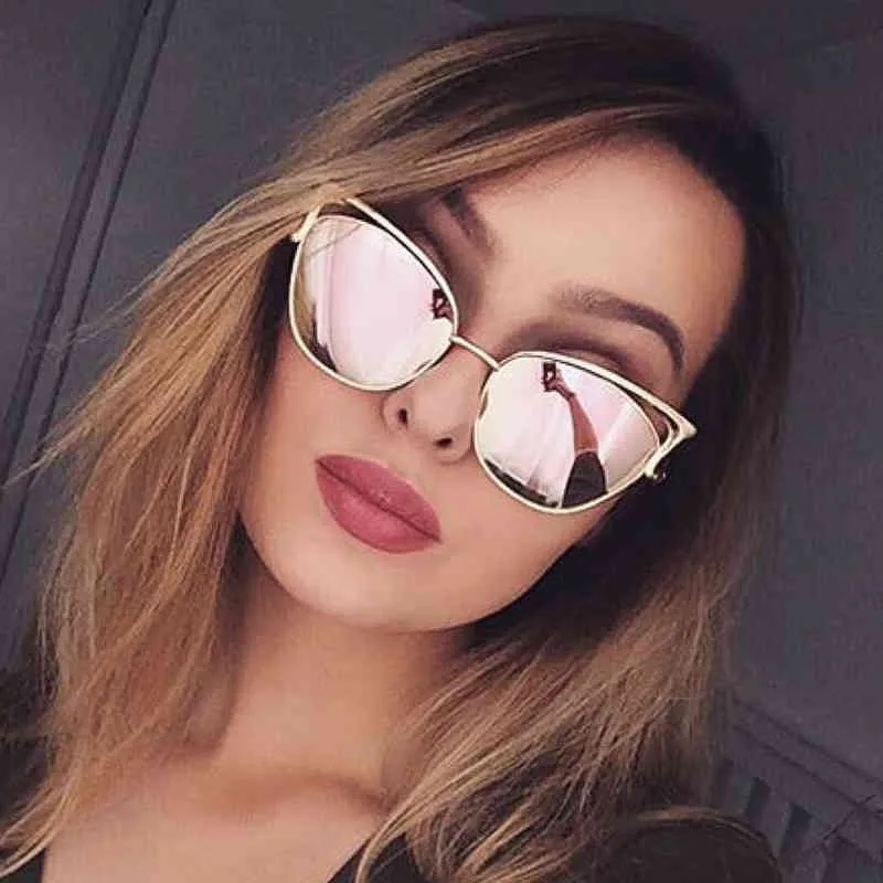 Lonsy Seksi Kedi Göz Güneş Kadınlar Marka Tasarım Metal Çerçeve Ayna Gül Altın Güneş Gözlükleri Kadın UV400 Retro Oculos De Sol Gafas