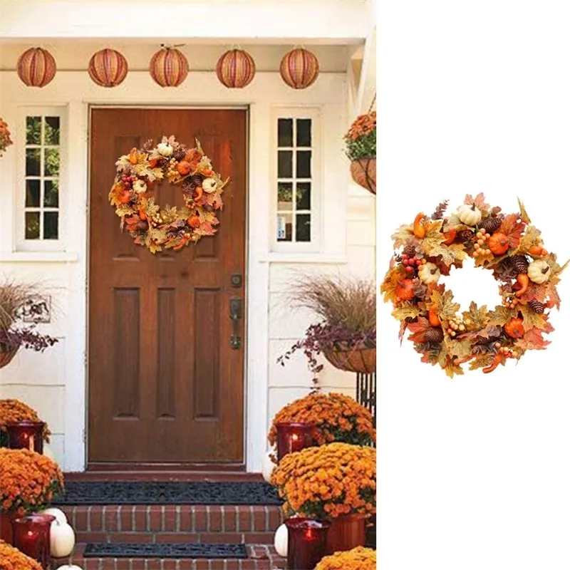Couronne D'automne Thanksgiving – 14 Pouces Avec érable, Citrouille, Pommes De Pin, Baies, Pour Porte D'entrée - 3
