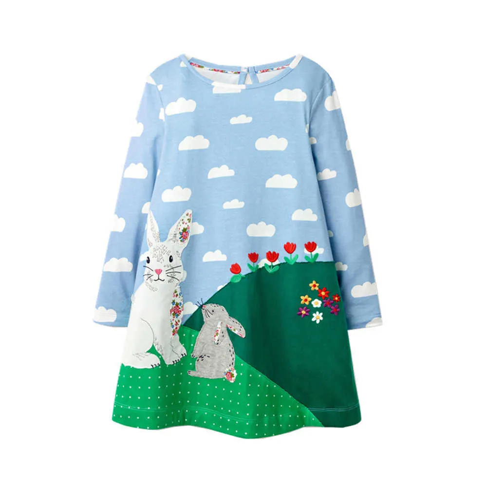 Jumping Meters Animals Applique Cotton Princess Dresses with Clouds Print Fashion Baby Long Sleeve Party Girls Dress Kids 210529