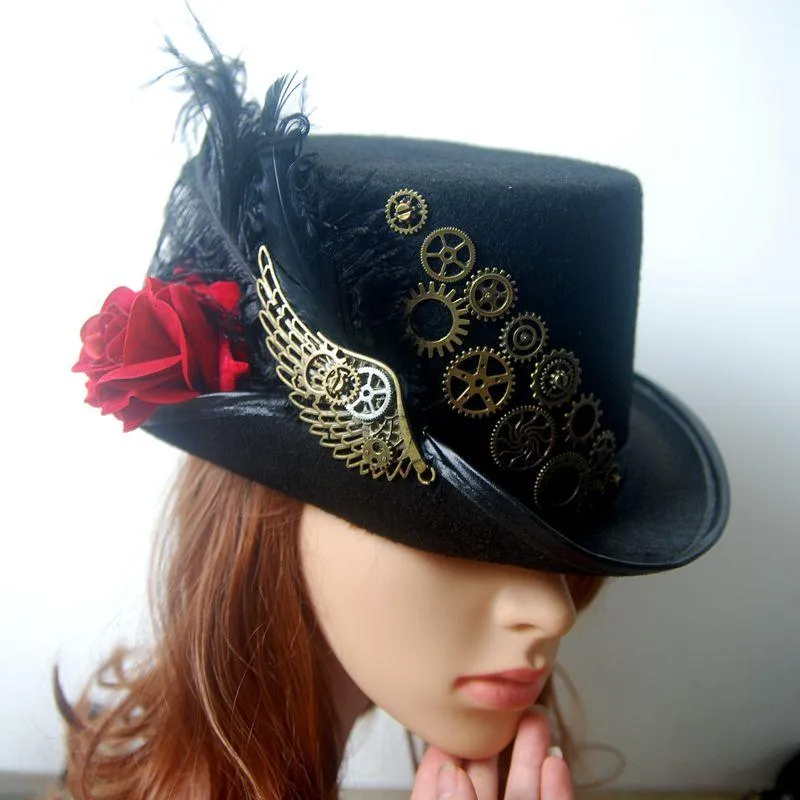 Parti Maskeleri Retro Vintage Unisex Steampunk Gül Dişliler Kanatlı Siyah Şapka ve Tüy Gotik Victoria Cadılar Bayramı Lolita Cosplay