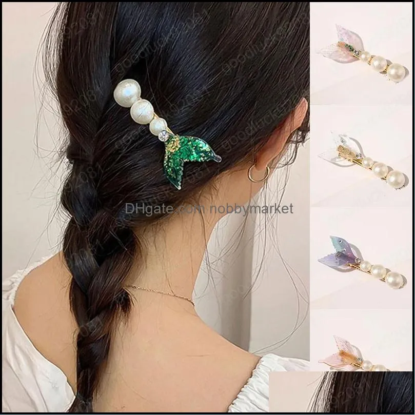 Fishtail Rhinestone Pearl Hair Clips Women Hairpins Sequins Side Clips Headwear Geometric Crystal Barrettes Hair Accessories