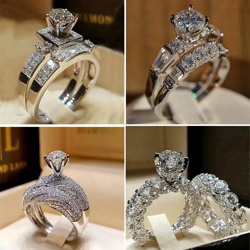 Anneaux de mariage Boho rond blanc cristal bague ensemble promesse fiançailles Vintage mariée pour les femmes fête cadeau bijoux