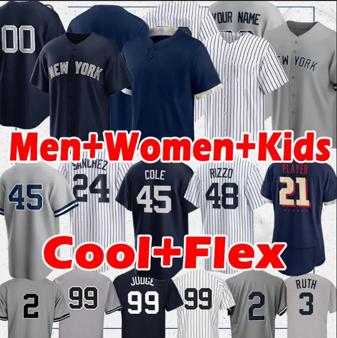 99 Aaron Judge Jersey Yanke 2 Derek Jeter 45 Gerrit Cole 2021 Custom Gleyber Torres Don Mattingly Babe Mariano mężczyźni kobiety dziecięce koszulki baseballowe top