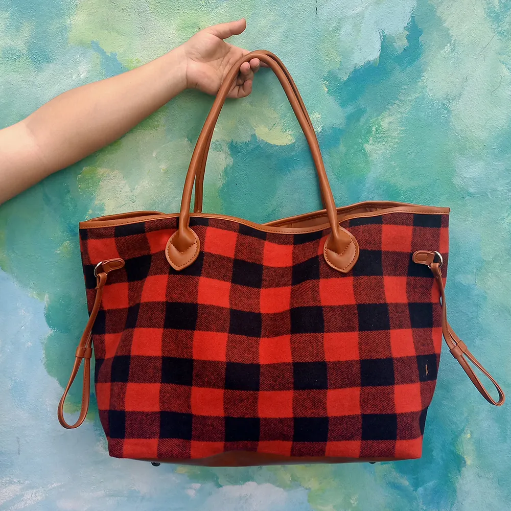 Buffalo Check Torba Flanela Czerwona Czarna Plaid Endless Tote Duża pojemność na zewnątrz torby na zewnątrz Duffel Xmas Nawienie torebki Domil106-377