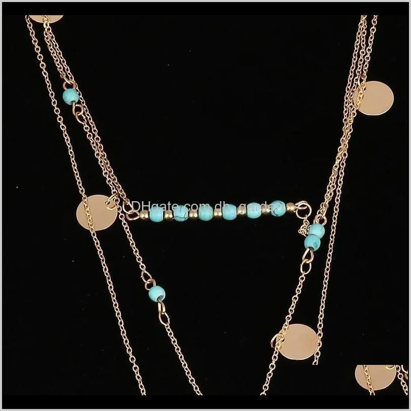 Bohemian Vintage Handmade Jewelry turquoise Layered Necklaces Sequins Multilayer Chain Turquoise Beads Necklace