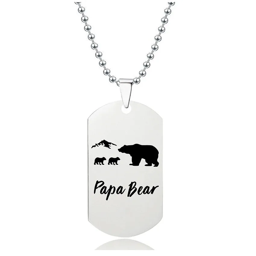 Father Papa Bear Necklace Pendant Stainless Steel Animal Pattern Dog Tag Necklaces Chains for Women Men Fashion Jewelry Will and Sandy