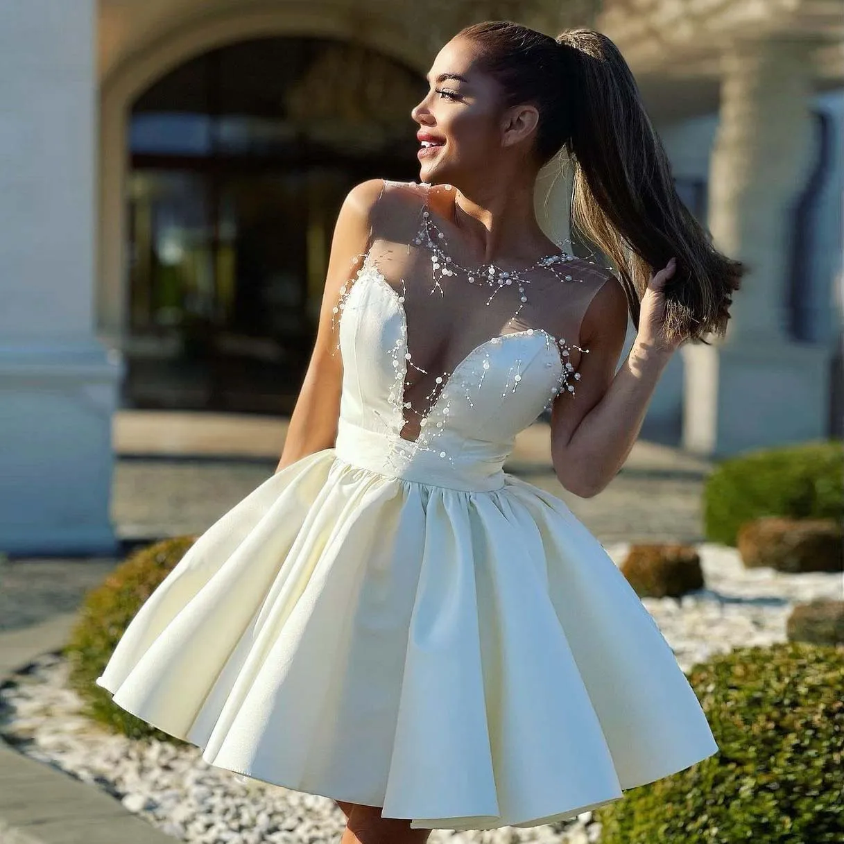 2022 Sheer Neck Beaded Periwinkle Homecoming Dress With Zipper