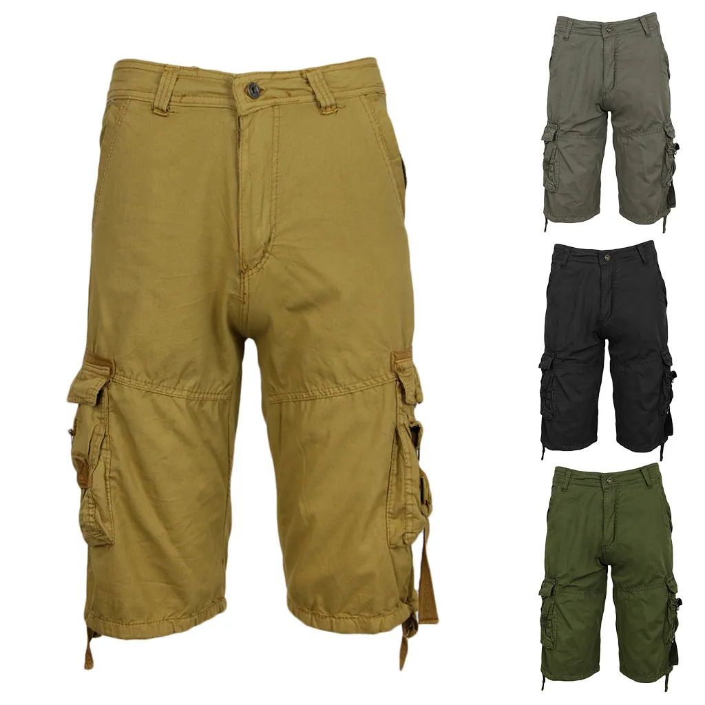 Men`s Casual Cotton Multi Pockets Elastic Waistband Shorts Loose Fit Knee-Length Cargo Shorts