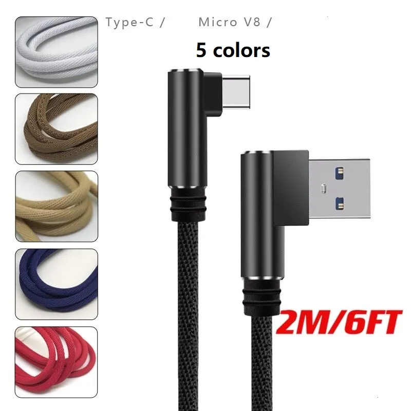 2m / 6ft 2a Dual Bend Tipo-C Micro USB Cabos de carregamento para Android Samsung Telefone Cabo de Carregador Fast 90 graus Cabo de cotovelo