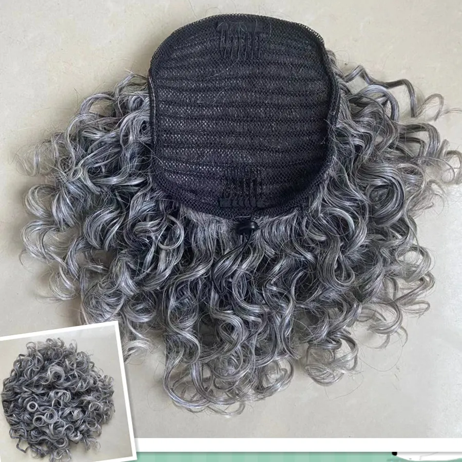 Silver grey human hair pony tail hairpiece wrap around Dye free natural hightlight salt and pepper short long loose wave gray ponytail