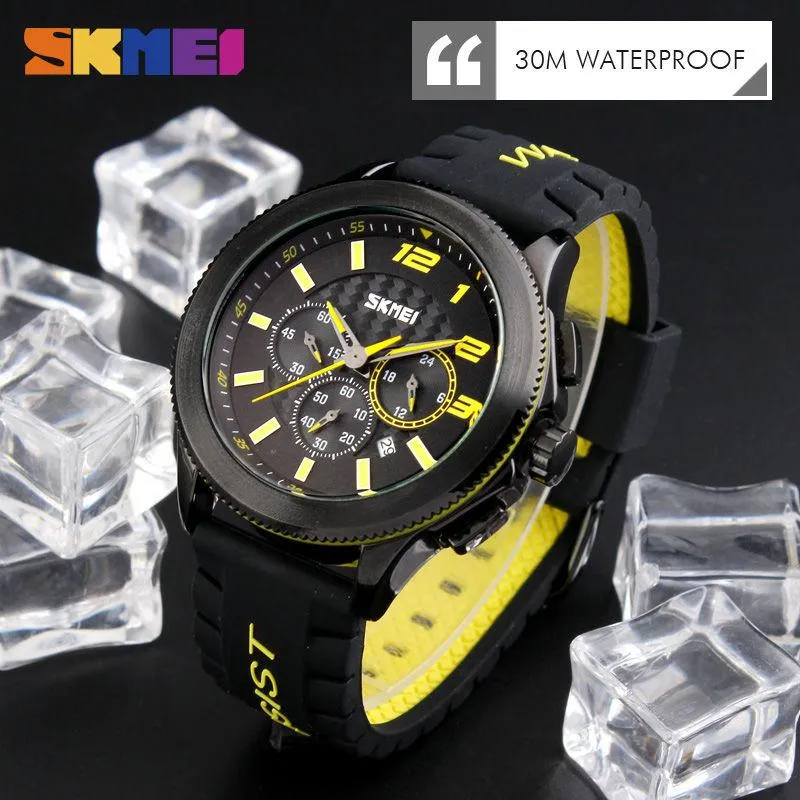 2024SKMEI Homens Relógios de Quartzo Moda Casual Pulseira de Silicone Relógios de Pulso 30M Resistente À Água Cronômetro Calendário Completo Relógio 9136