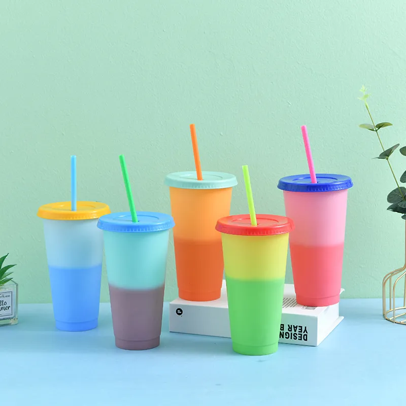 Colors Changing Cups Candy Color Drinks Tumblers Straws Water Bottle Reusable cold drink cup magic Coffee mug sea sending T9I001196