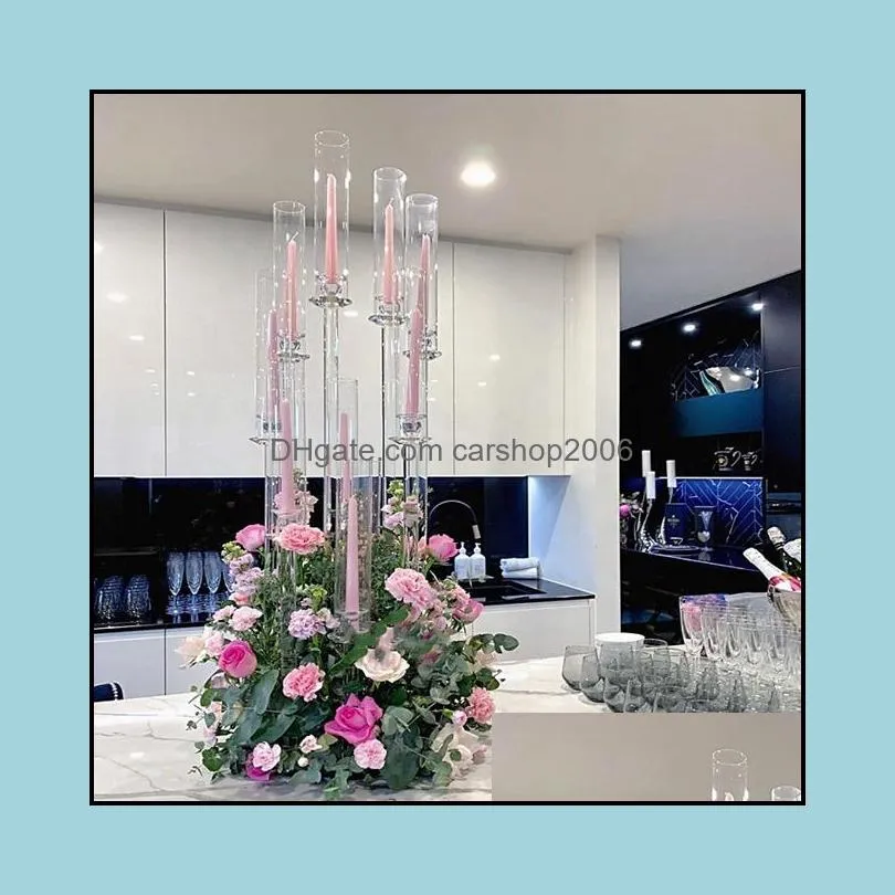 Party Decoration Event Supplies Festive Home Garden Wholesale 10 Arms Long Stemmed Modern Clear Acrylic Tube Hurricane Crystal Candle Hold