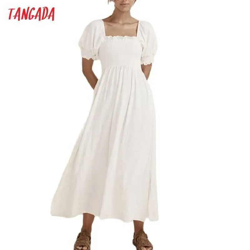 Tangada Summer Women White Cotton Sundress Beach Dress Puff Short Sleeve Ladies Midi Dress Vestidos 8M04 210609