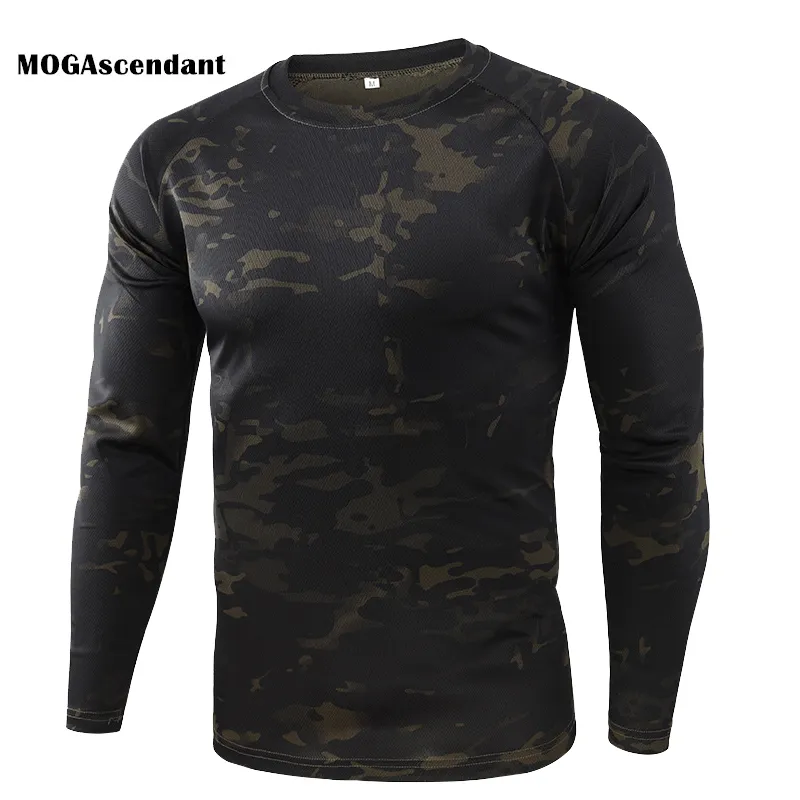 T-shirt mimetica da uomo T-shirt manica lunga traspirante ad asciugatura rapida da uomo Sport all'aria aperta da uomo Esercito Combattimento tattico militare Camo magliette 210304