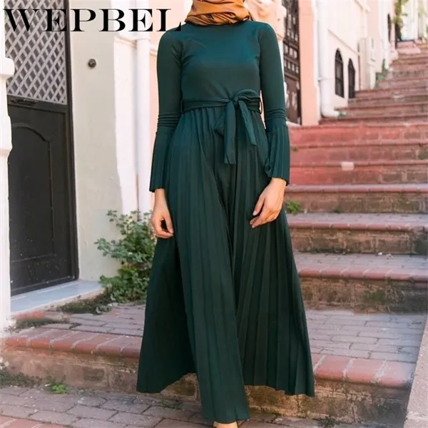 Wepbelイスラム教徒の包帯ドレスアラブ女性ラマダンハイウエストアバヤスリムフィット長袖ローブパーティードレスファッションイスラム服Y0118