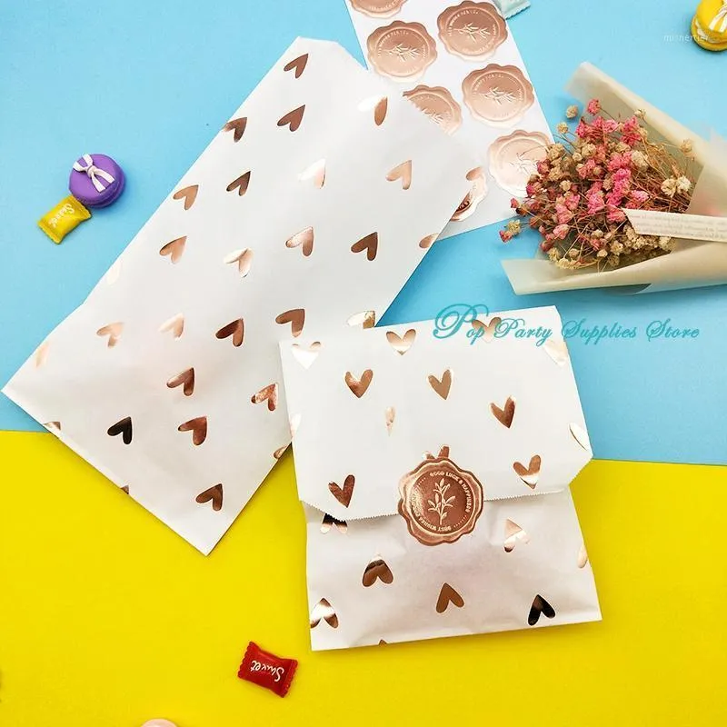 Gift Wrap 25pcs/bag Paper Bag Rose Gold Candy Foil Heart Sticker Wedding Bridal Baby Shower Birthday Anniversary Favor