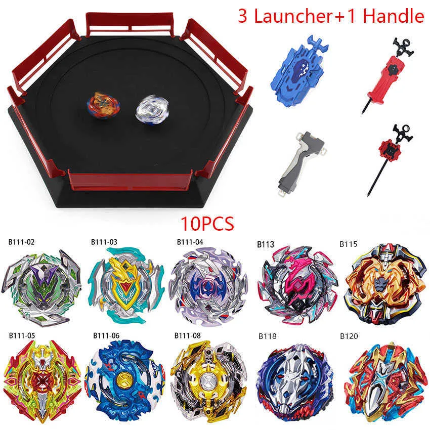 10 st Beyblades Burst Hot Set med launcherhandtag och Beyblades Arena Metal Fight Stadium B113 B118 Barngåvor Klassisk Toy X0528