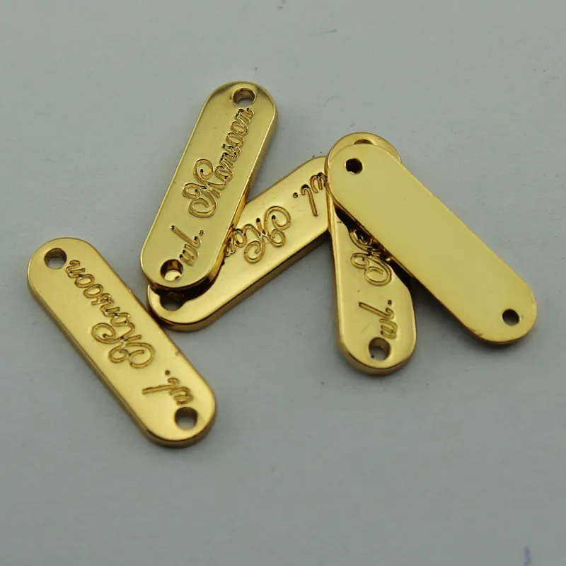 Small engraved custom metal tags for apparel, Sewing Notions golden silver electroplating swimwear labels with private brand name logo (MOQ 100pcs)