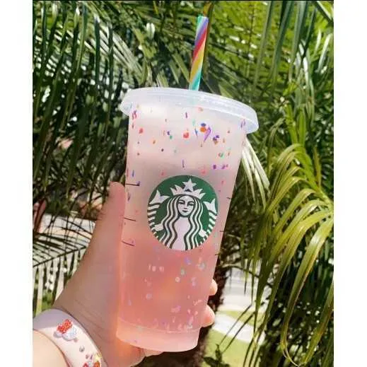 Starbucks-tumbler Herbruikbare plastic beker met deksel en rietje plastic kleurrijke rietje beker koude fles Kleur veranderende Confetti Cold Cup mlH9RU