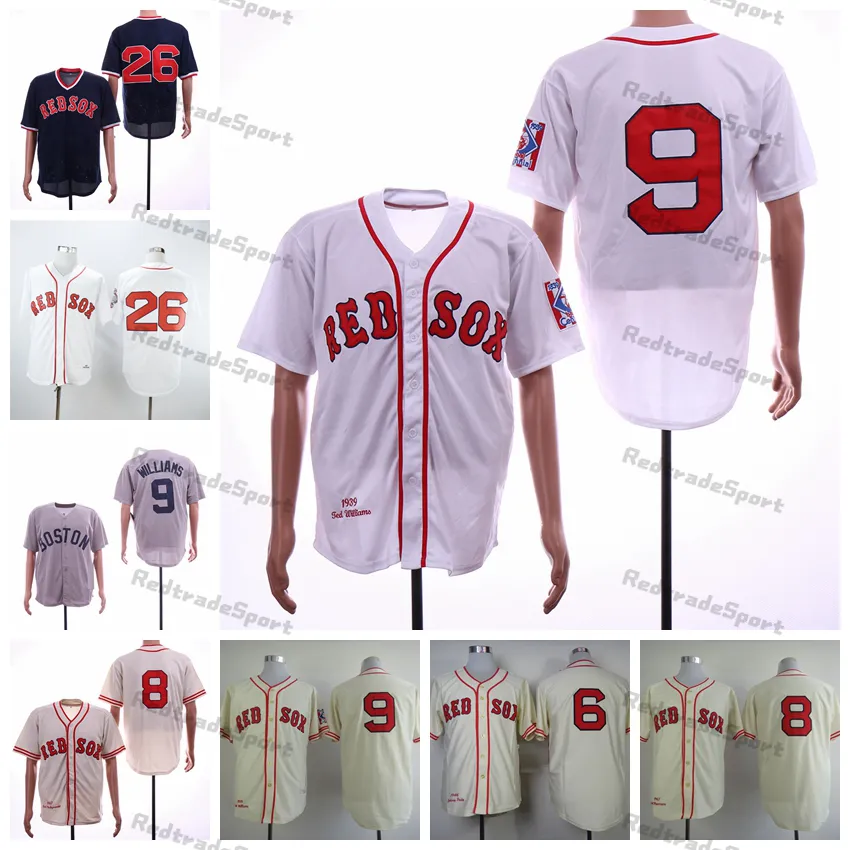 Vintage 9 Ted Williams 1939 Maillots de baseball 8 Carl Yastrzemski 1967 Johnny Pesky 1946 Bouton de pull crème blanc 26 Wade Boggs Home Away Toutes les broderies cousues