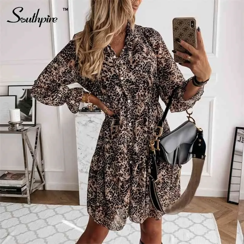 Southpire Leopard Print Long Sleeve Dress Women Autumn Winter Front Button Chiffon Shirt Dress Daily Casual Vintage Clothes 210730