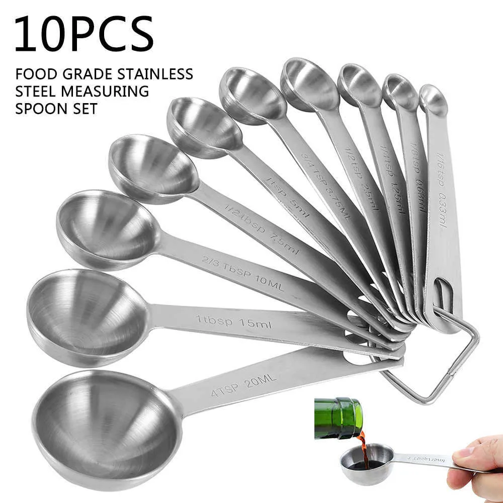 10Pcs Measuring Spoons Set Stainless Steel Teaspoon Measure Spoon with Scale Handle Liquid Seasoning Sugar Scoop Kitchen Tools 210615